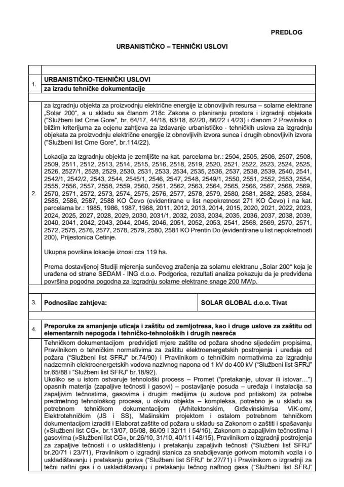 Predlog urbanističko tehničkih uslova za izradu tehničke dokumentacije za izgradnju objekta za proizvodnju električne energije iz obnovljivih resursa – solarne elektrane „Solar 200“