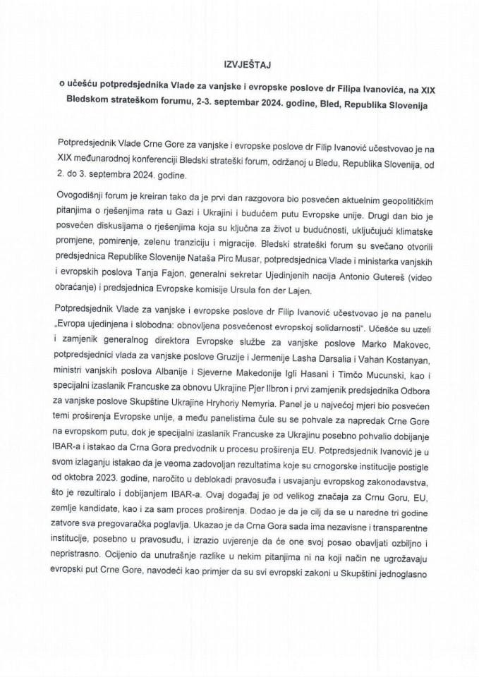 Извјештај о учешћу потпредсједника Владе за вањске и европске послове др Филипа Ивановића, на XИX Бледском стратешком форуму, 2−3. септембар 2024. године, Блед, Република Словенија