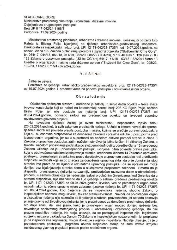 Drugostepena rješenja - UPII 17-042-24-1166-3 RAFET EĆO