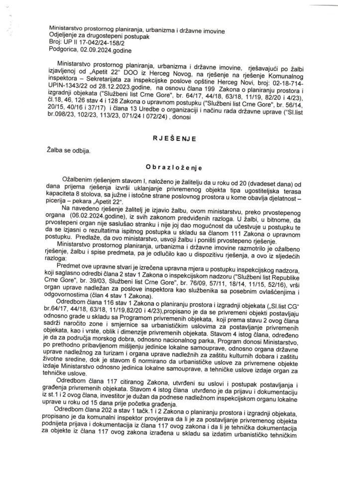 Drugostepena rješenja - UPII 17-042-24-158-2 DOO APETIT 22