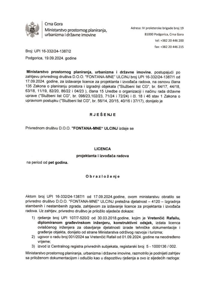 Licence projektanata i izvođača radova - UPI 16-332-24-1387-2 DOO FONTANA-MNE