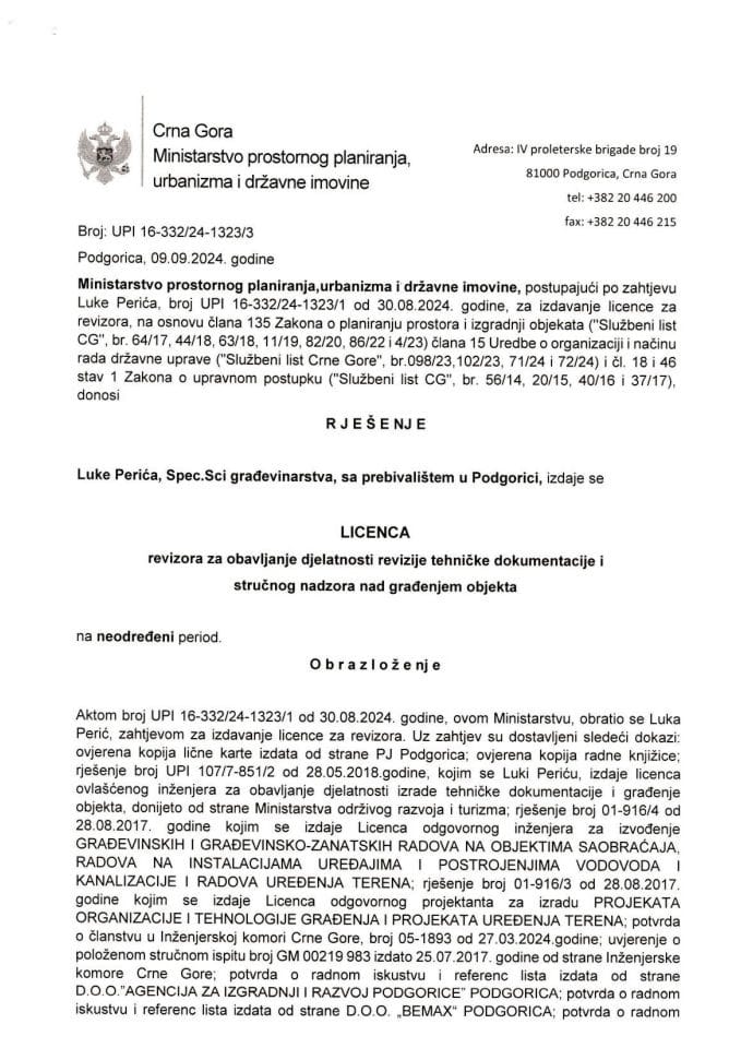 Licenca revizora za građevinsku djelatnost - UPI 16-332-24-1323-3 LUKA PERIĆ