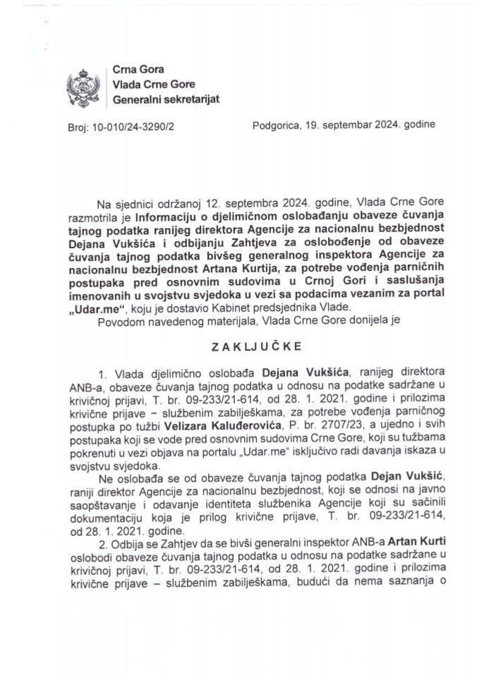 Информација о дјелимичном ослобађању обавезе чувања тајног податка ранијег директора АНБ Дејана Вукшића и одбијање захтјева за ослобођење од обавезе чувања тајног податка бившег генералног инспектора АНБ Артана Куртија - закључци