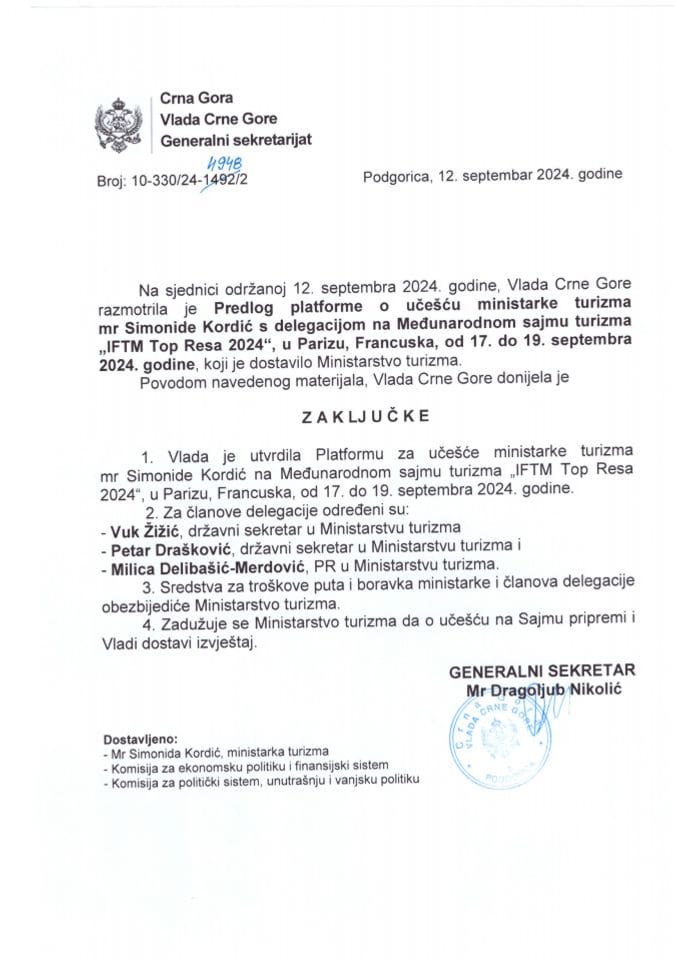 Predlog platforme o učešću ministarke turizma mr Simonide Kordić, sa delegacijom, na međunarodnom sajmu turizma „IFTM Top Resa 2024“, Pariz, Francuska, od 17. do 19. septembra 2024. godine - zaključci