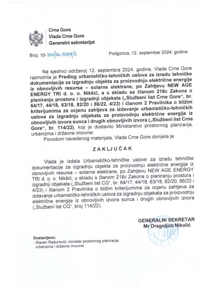 Predlog urbanističko tehničkih uslova za izradu tehničke dokumentacije za izgradnju objekta za proizvodnju električne energije iz obnovljivih resursa – solarne elektrane, po zahtjevu NEW AGE ENERGY TRI d.o.o. Nikšić - zaključci