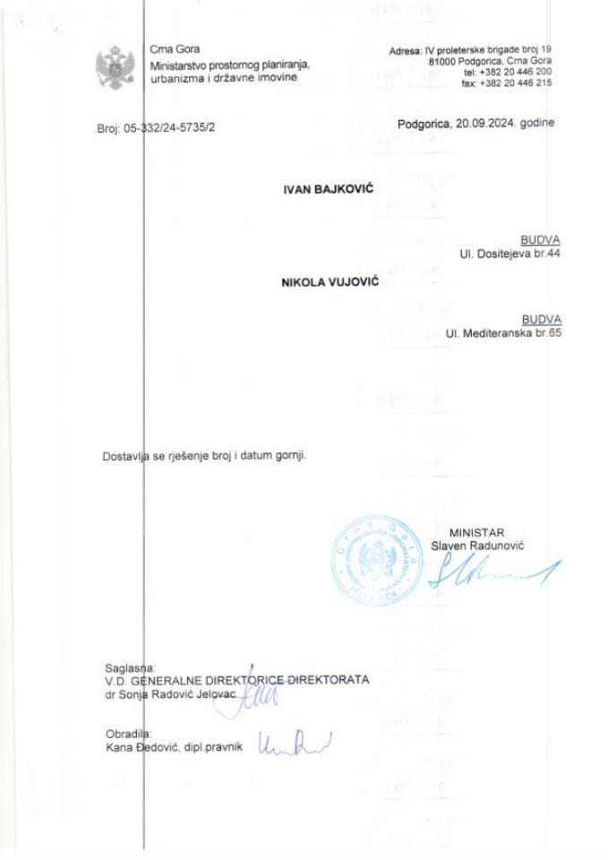 Rješenja glavnog državnog arhitekte - 20.09.2024 Rješenje -Ivan Bajković i Nikola Vujović -Opština Budva