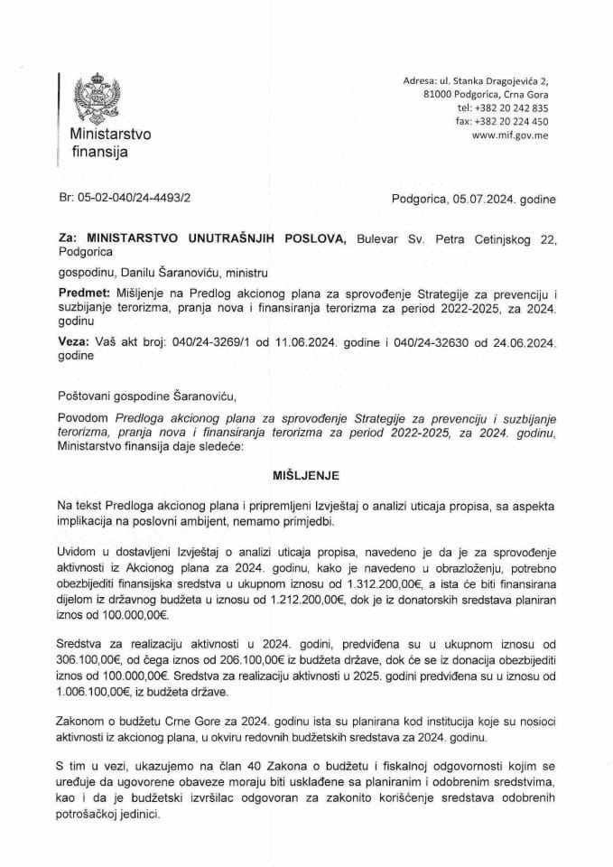 Predlog akcionog plana za sprovođenje strategije za prevenciju i suzbijanje terorizma, pranja novca i fina. terorizma za period 2022-25, za 2024.