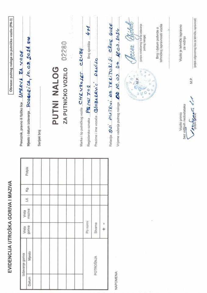 Putni nalog za korišćenje službenog vozila PG MN702 od 10.09.2024. do 18.09.2024.god