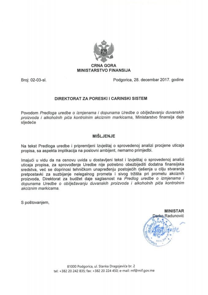 Predlog uredbe o izmjenama i dopunama Uredbe o obilježavanju duvanskih proizvoda i alkoholnih pića kontrolnim akciznim markicama