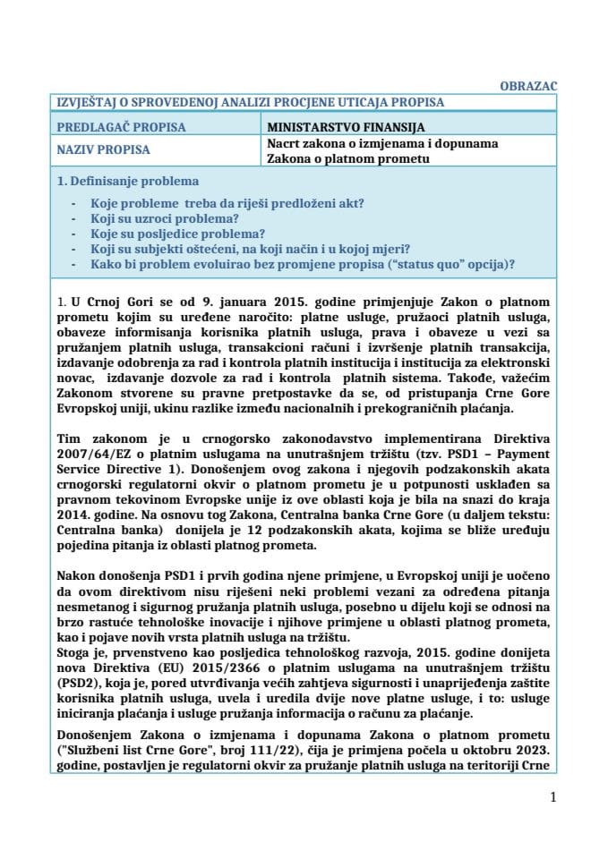 Извјештај о спроведеној анализи процјене утицаја прописа (РИА)