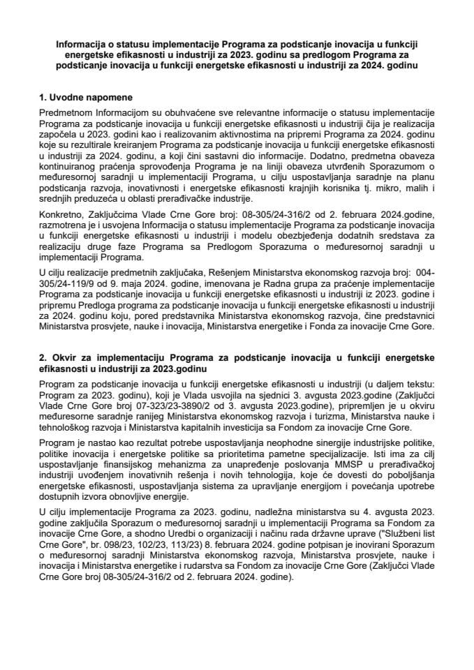 Informacija o statusu implementacije Programa za podsticanje inovacija u funkciji energetske efikasnosti u industriji za 2023. godinu s Predlogom programa za podsticanje inovacija u funkciji energetske efikasnosti u industriji za 2024. godinu