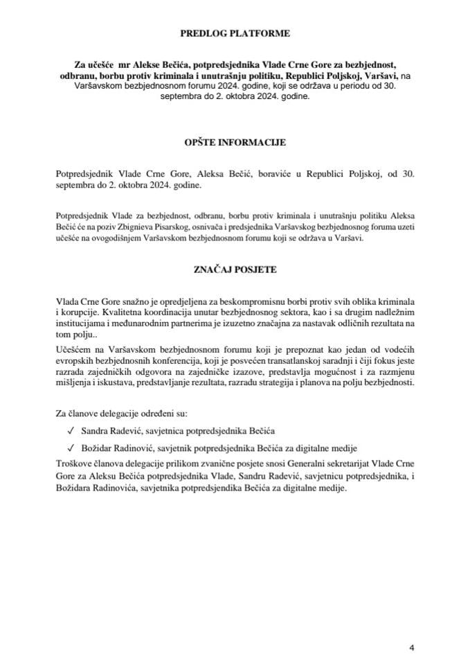 Predlog platforme za učešće mr Alekse Bečića, potpredsjednika Vlade Crne Gore za bezbjednost, odbranu, borbu protiv kriminala i unutrašnju politiku, Republici Poljskoj, Varšavi