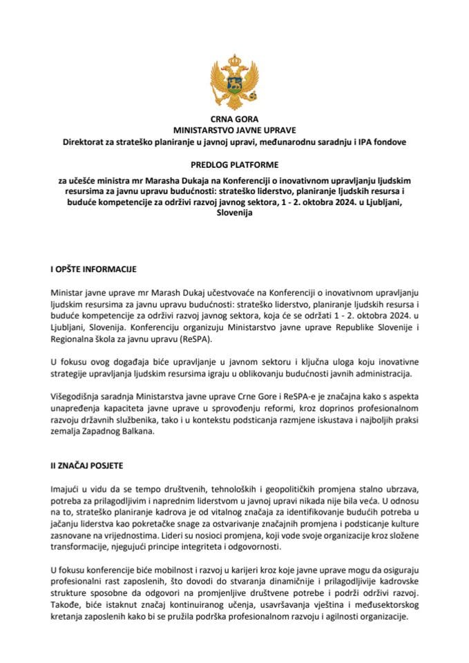 Предлог платформе за учешће министра јавне управе мр Marasha Dukaja на Конференцији о иновативном управљању људским ресурсима за јавну управу будућности