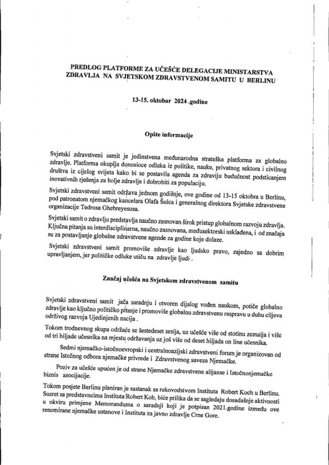 Predlog platforme za učešće delegacije Ministarstva zdravlja, koju će predvoditi dr Vojislav Šimun, ministar zdravlja, na Svjetskom zdravstvenom samitu u Berlinu, od 13. do 15. oktobra 2024. godine