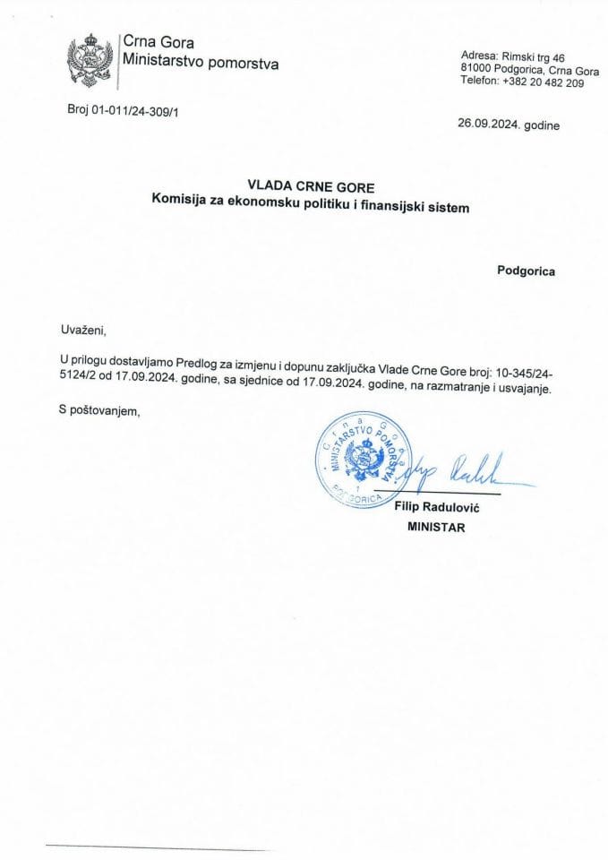 Predlog za izmjenu i dopunu Zaključka Vlade Crne Gore, broj: 10-345/24-5124/2,od 17.09.2024. godine, sa sjednice od 17.09.2024. godine