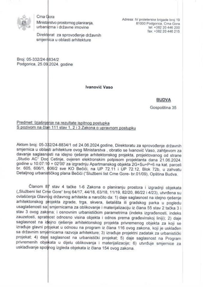 Obavještenja - Saglasnosti glavnog državnog arhitekte - 25.09.2024 Obavještenje -Ivanović Vaso -Opština Budva