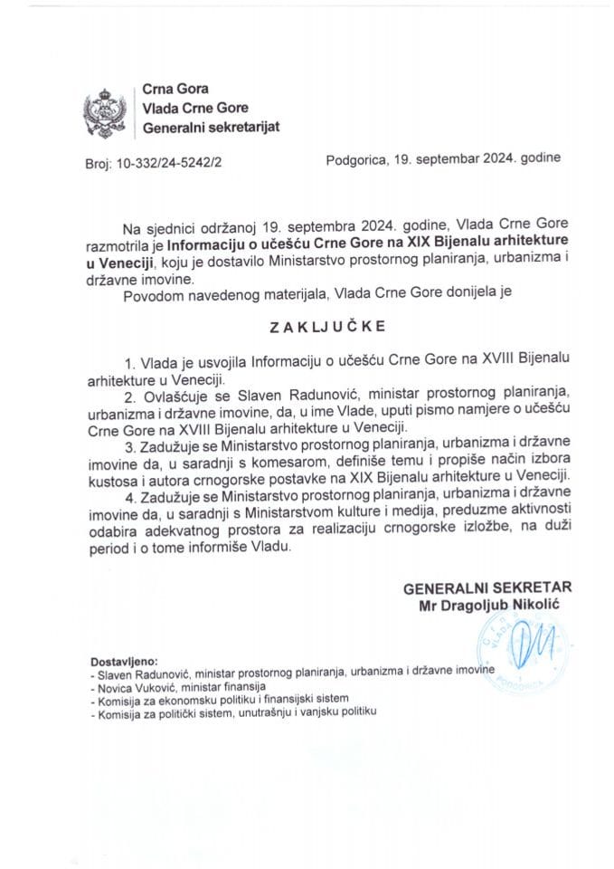 Информација о учешћу Црне Горе на XIX Бијеналу архитектуре у Венецији - закључци