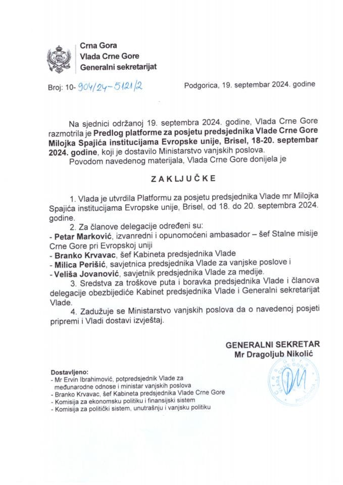 Predlog platforme za posjetu predsjednika Vlade Crne Gore Milojka Spajića institucijama Evropske unije, Brisel, 18-20. septembar 2024. godine - zaključci