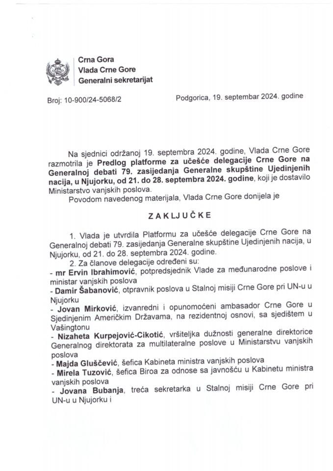 Predlog platforme za učešće delegacije Crne Gore na Generalnoj debati 79. zasijedanja Generalne skupštine Ujedinjenih nacija, Njujork, 21 – 28. septembra 2024. godine - zaključci