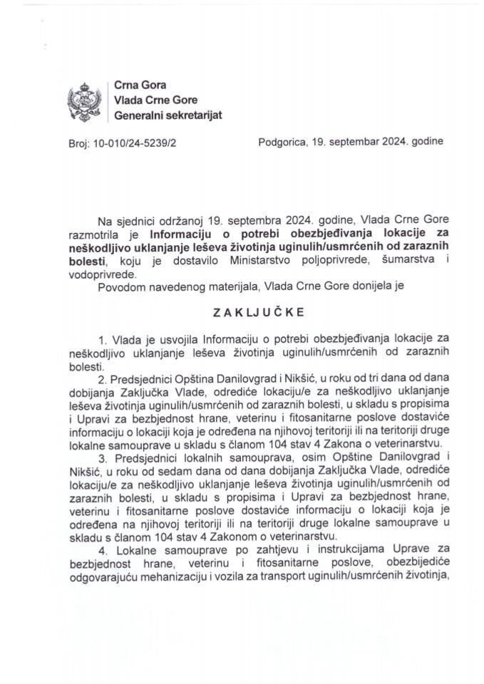 Informacija o potrebi obezbjeđivanja lokacija za neškodljivo uklanjanje leševa životinja uginulih/usmrćenih od zaraznih bolesti - zaključci