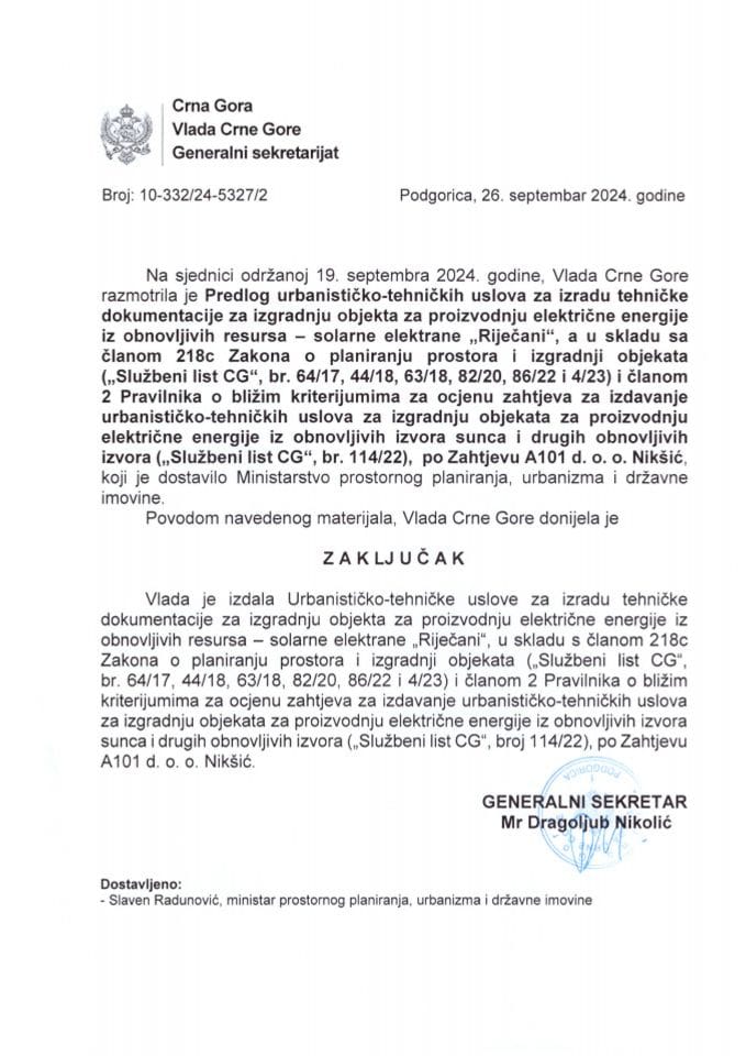 Predlog urbanističko tehničkih uslova za izradu tehničke dokumentacije za izgradnju objekta za proizvodnju električne energije iz obnovljivih resursa – solarne elektrane „Riječani“ - zaključci