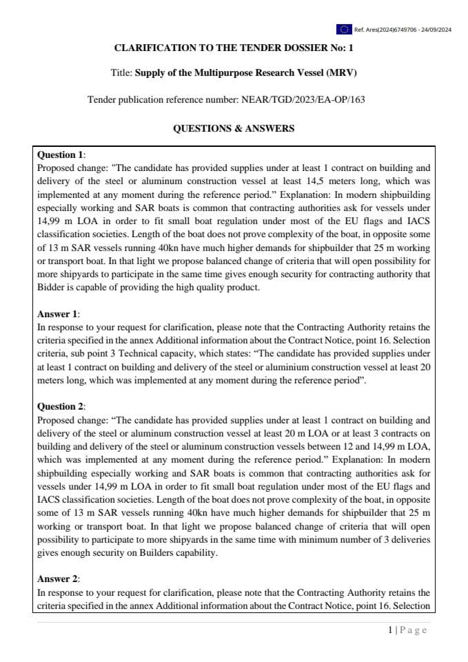 Supply of the Multipurpose Research Vessel_MRV, Clarifications 1 to TD