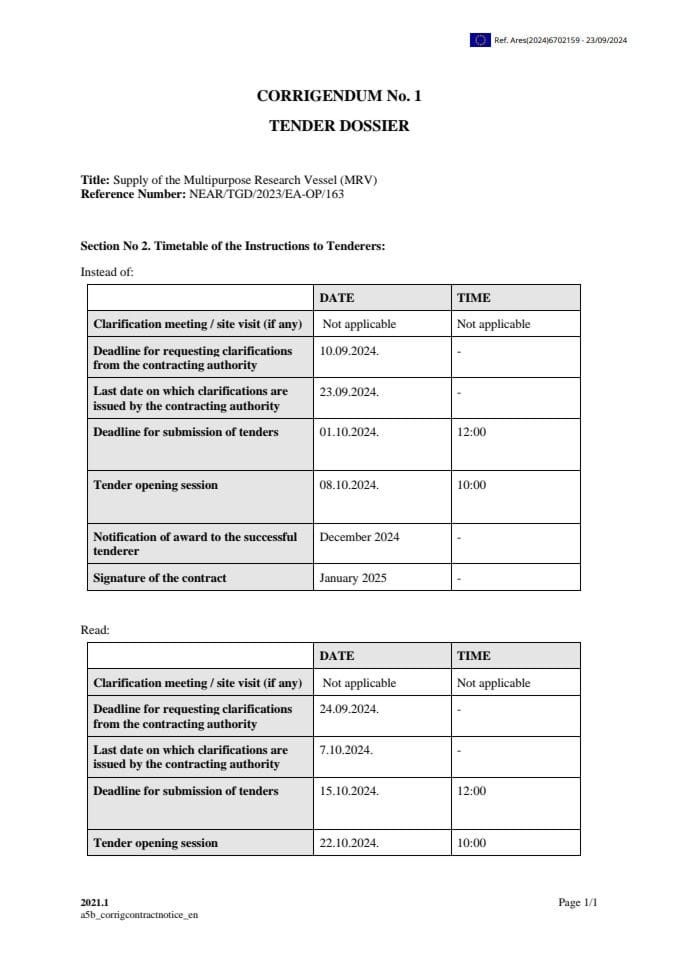 Supply of the Multipurpose Research Vessel_MRV, Corrigendum 1 to TD