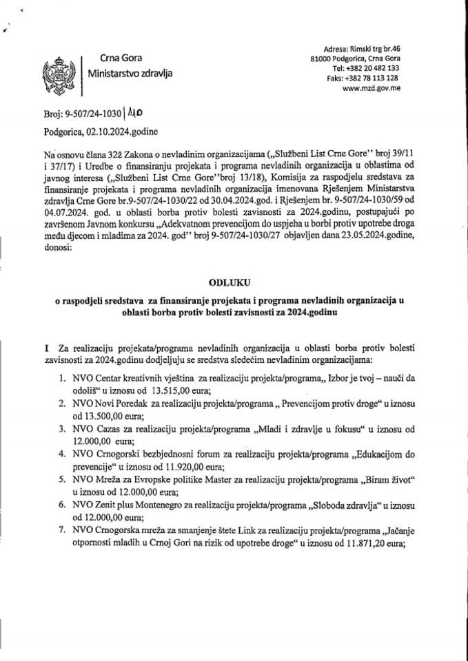 Odluka o raspodjeli sredstava za finansiranje projekata i programa NVO u oblasti borba protiv bolesti zavisnosti za 2024.