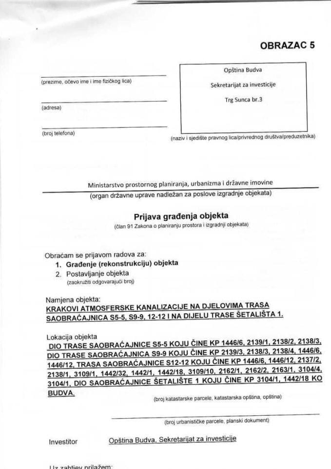 Prijava građenja objekta - OPŠTINA BUDVA 09-745-24-12603-1