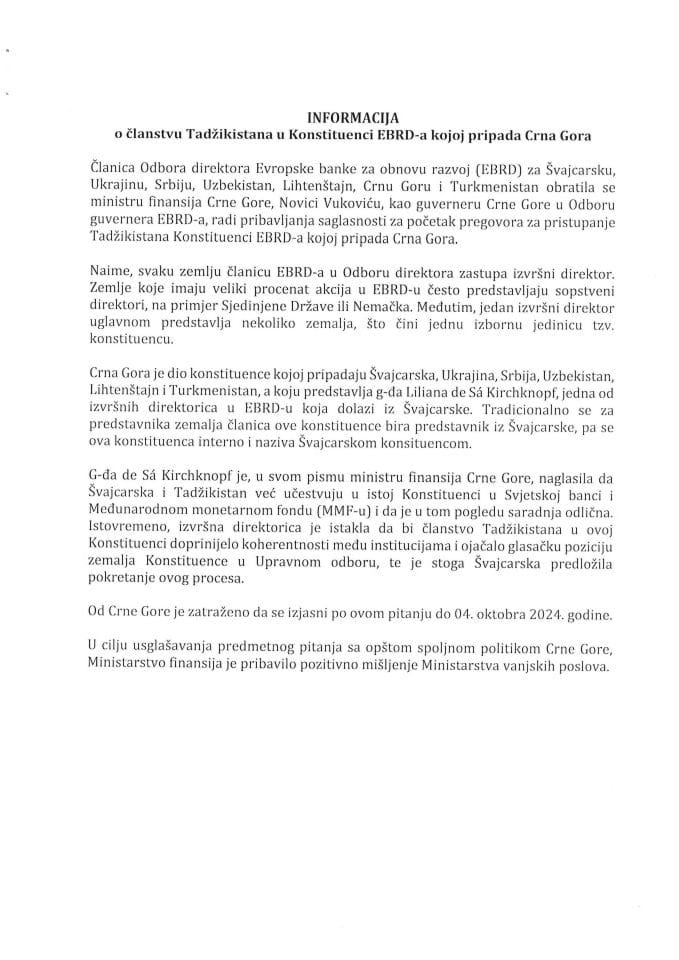 Информација о чланству Таџикистана у Конституенци EBRD-а којој припада Црна Гора (без расправе)