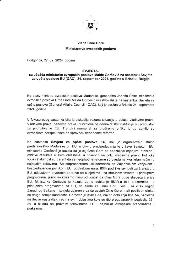 Извјештај са учешћа министарке европских послова Маиде Горчевић на састанку Савјета за опште послове ЕУ (GAC), 24. септембар 2024. године, у Бриселу, Белгија