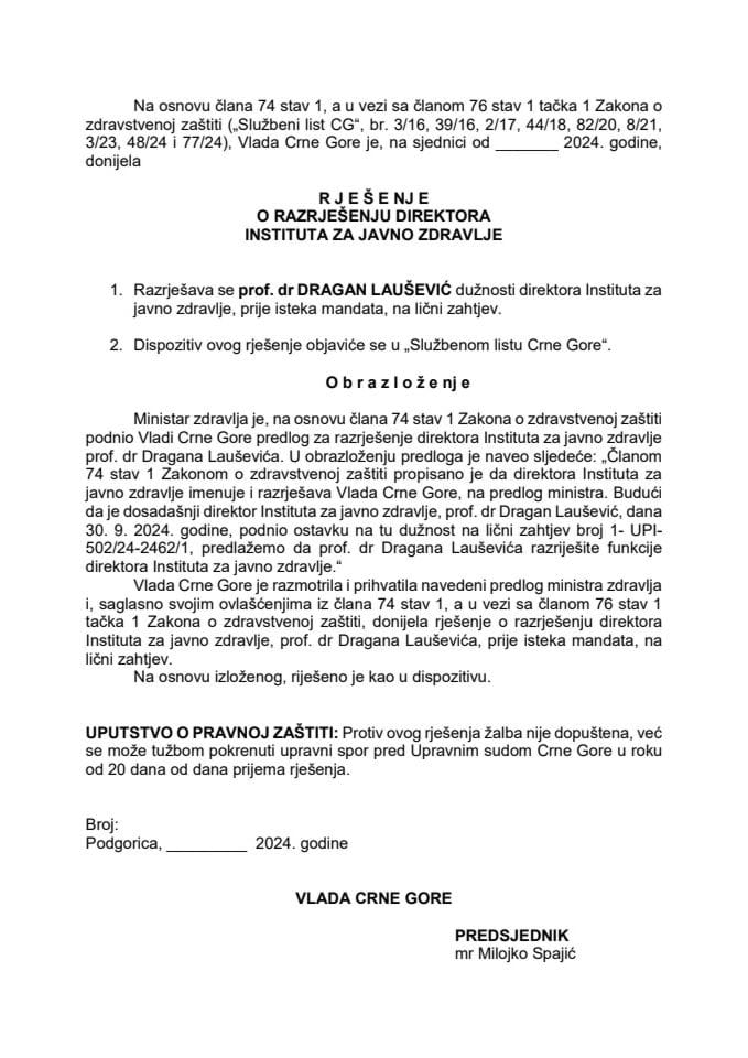 Предлог за разрјешење директора Института за јавно здравље