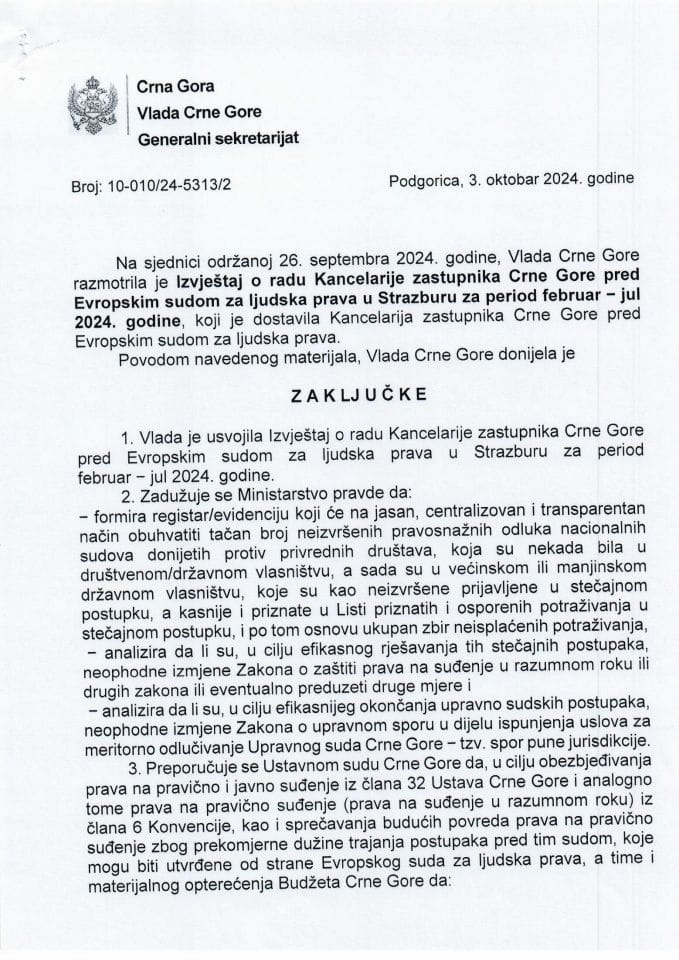 Izvještaj o radu Kancelarije zastupnika Crne Gore pred Evropskim sudom za ljudska prava u Strazburu za period februar - jul 2024. godine - zaključci