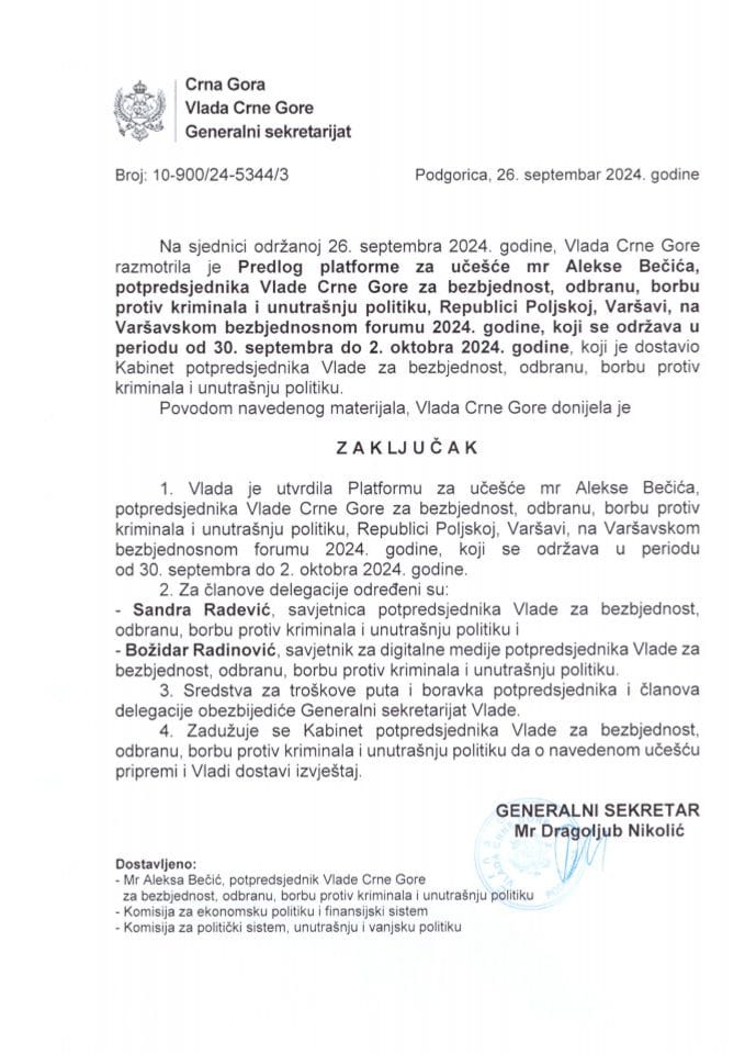 Predlog platforme za učešće mr Alekse Bečića, potpredsjednika Vlade Crne Gore za bezbjednost, odbranu, borbu protiv kriminala i unutrašnju politiku, Republici Poljskoj, Varšavi - zaključci