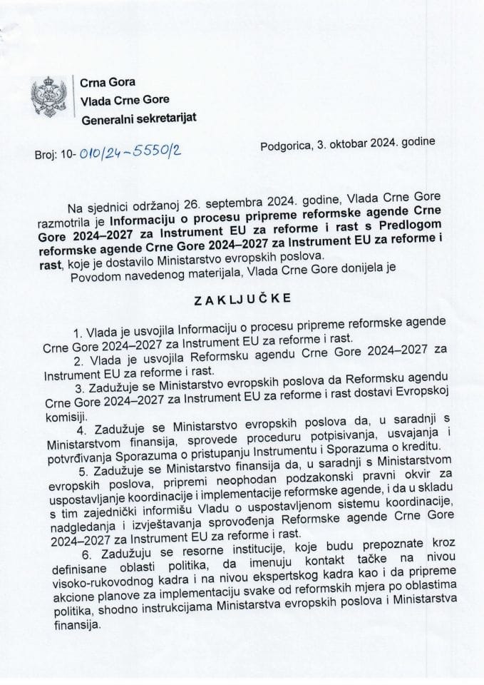 Informacija o procesu pripreme Reformske agende Crne Gore 2024-2027 za Instrument EU za reforme i rast s Predlogom reformske agende Crne Gore 2024-2027 za Instrument EU za reforme i rast - zaključci