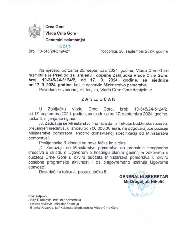 Predlog za izmjenu i dopunu Zaključka Vlade Crne Gore, broj: 10-345/24-5124/2,od 17.09.2024. godine, sa sjednice od 17.09.2024. godine - zaključci