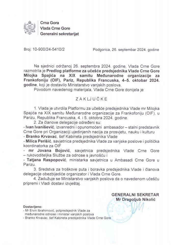 Predlog platforme za učešće predsjednika Vlade Crne Gore Milojka Spajića na XIX Samitu Međunarodne organizacije za Frankofoniju (OIF), Pariz, Republika Francuska, 4-5. oktobar 2024. godine - zaključci