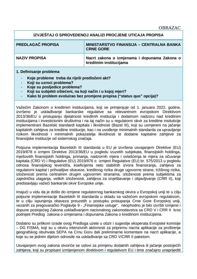 Извјештај о спроведеној анализи процјене утицаја прописа РИА