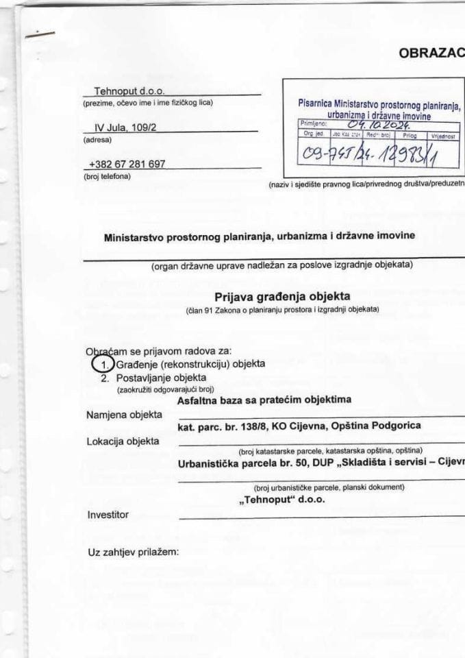 Prijava građenja objekta - TEHNOPUT DOO 09-745-24-12983-1