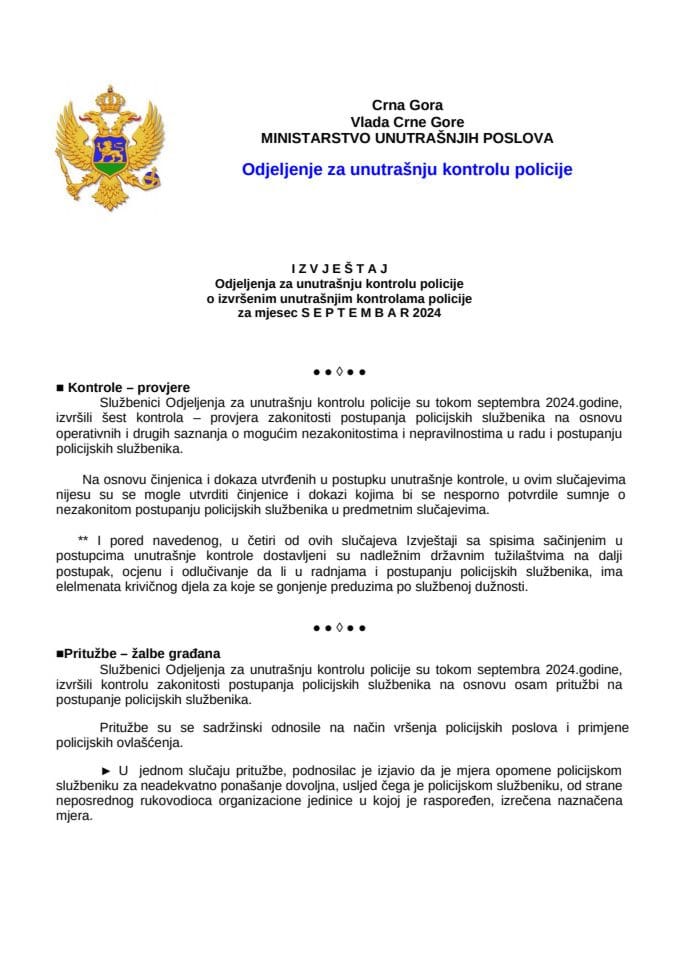 Izvještaj o postupanju po pritužbama i kontrolama za mjesec septembar 2024.godine