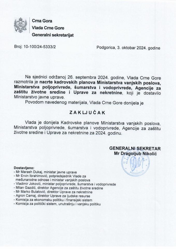 Nacrti Kadrovskih planova Ministarstva vanjskih poslova, Ministarstva, poljoprivrede, šumarstva i vodoprivrede, Agencije za zaštitu životne sredine i Uprave za nekretnine za 2024. godinu - zaključci