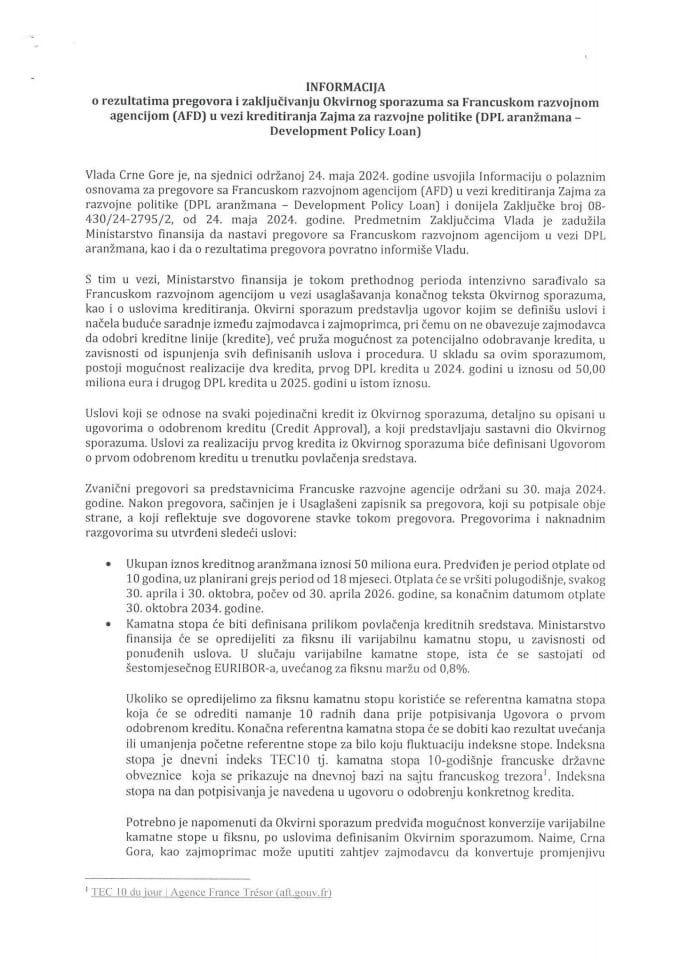 Informacija o rezultatima pregovora i zaključivanju Okvirnog sporazuma sa Francuskom razvojnom agencijom (AFD) u vezi kreditiranja Zajma za razvojne politike (DPL aranžmana – Development Policy Loan)
