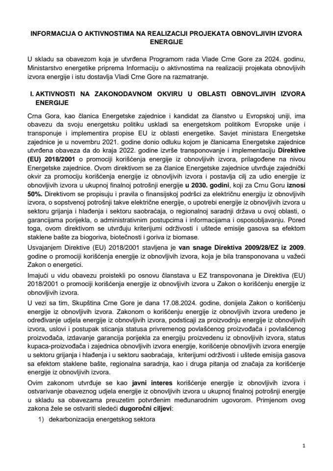 Informacija o aktivnostima na realizaciji projekata obnovljivih izvora energije