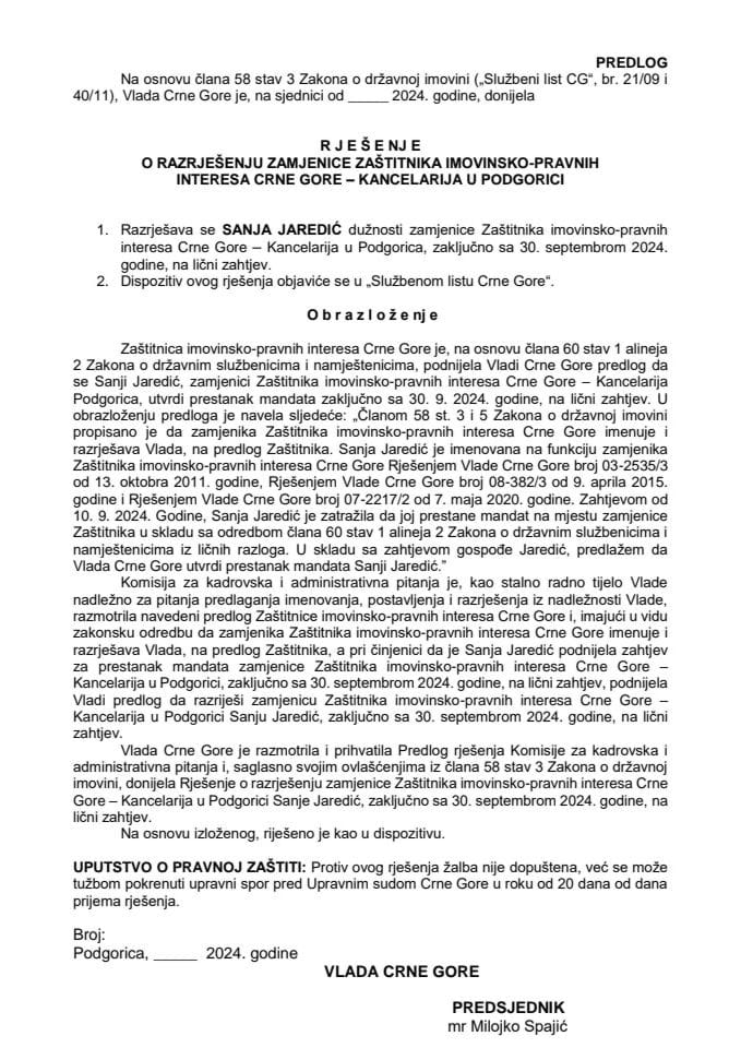 Predlog za razrješenje zamjenice Zaštitnika imovinsko-pravnih interesa Crne Gore - Kancelarija u Podgorici