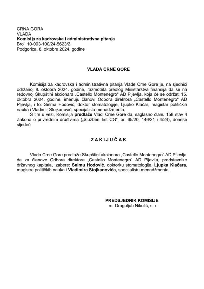 Predlog za izbor članova Odbora direktora „Castello Montenegro“ - AD Pljevlja