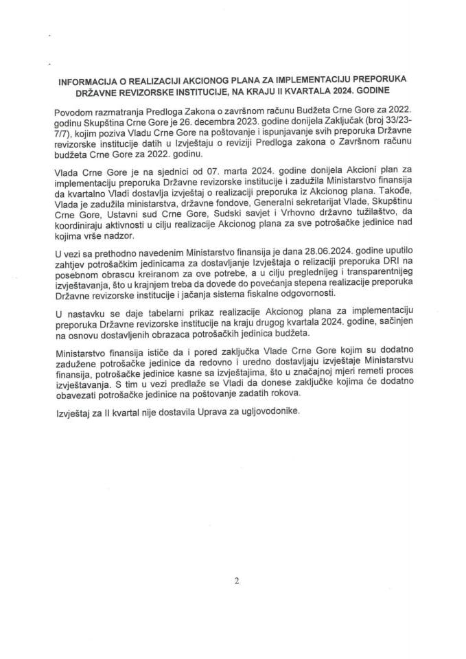 Informacija o realizaciji Akcionog plana za implementaciju preporuka Državne revizorske institucije na kraju drugog kvartala 2024. godine