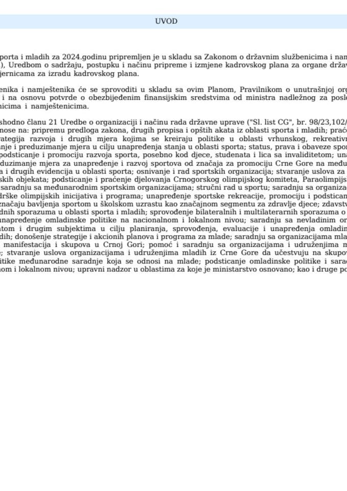 Nacrt kadrovskog plana Ministarstva sporta i mladih za 2024. godinu