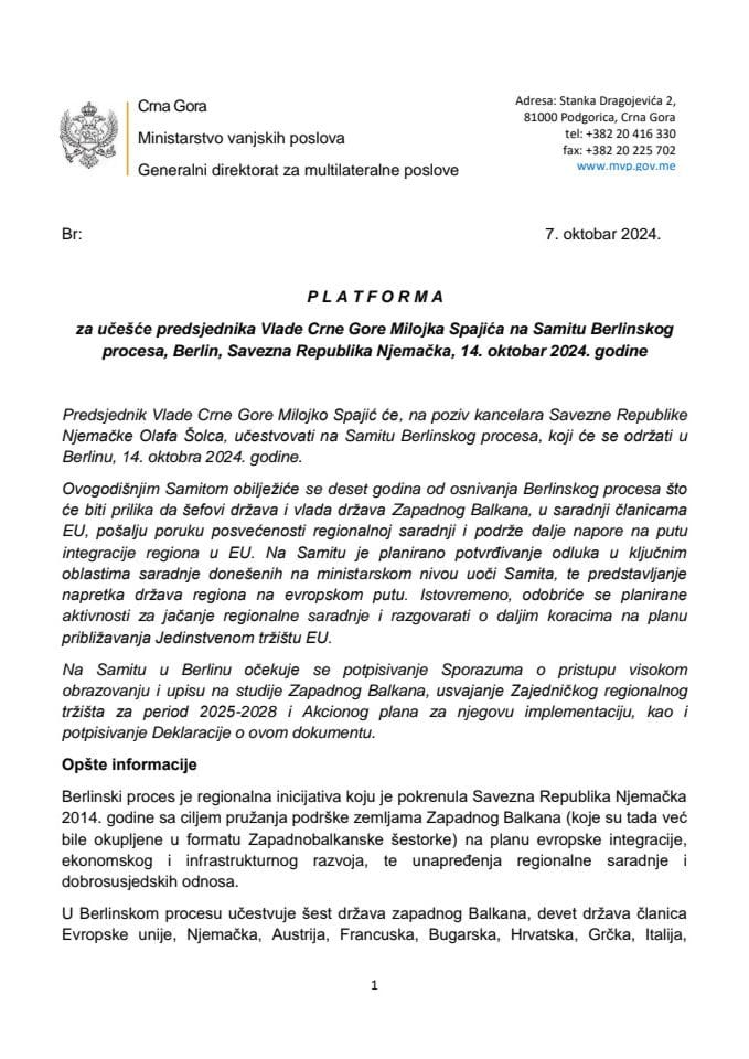 Предлог платформе за учешће предсједника Владе Црне Горе Милојка Спајића на Самиту Берлинског процеса, Берлин, Савезна Република Њемачка, 14. октобар 2024. године