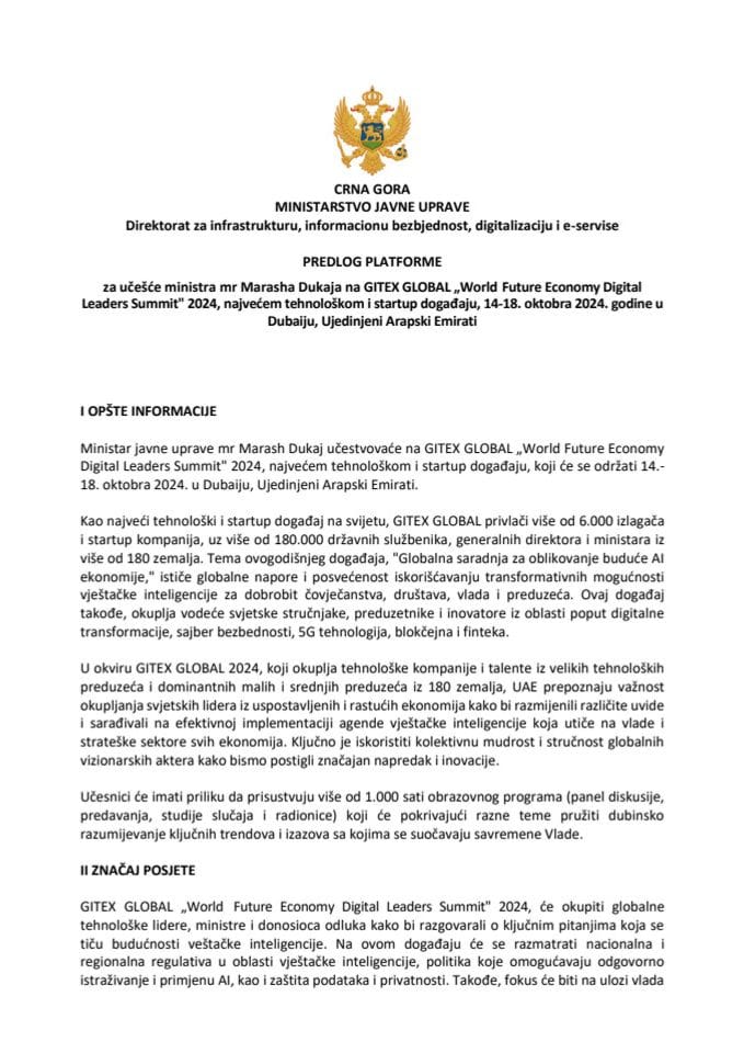 Predlog platforme za učešće ministra mr Marasha Dukaja na GITEX GLOBAL „World Future Economy Digital Leaders Summit" 2024, najvećem tehnološkom i startup događaju, 14-18. oktobra 2024. godine, u Dubaiju, Ujedinjeni Arapski Emirati