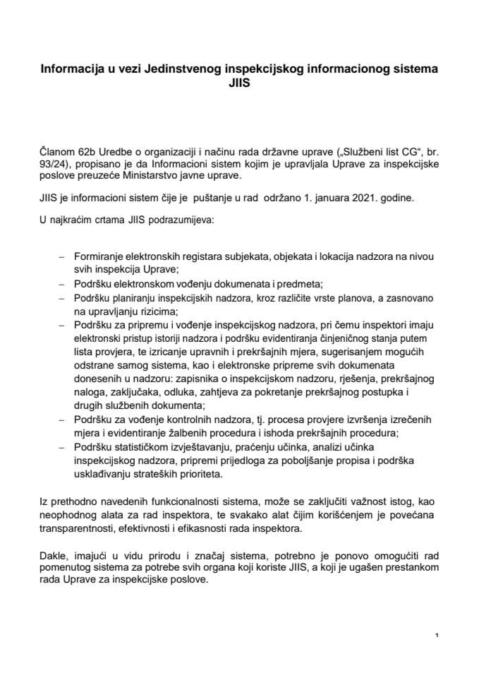 Informacija u vezi Jedinstvenog inspekcijskog informacionog sistema JIIS